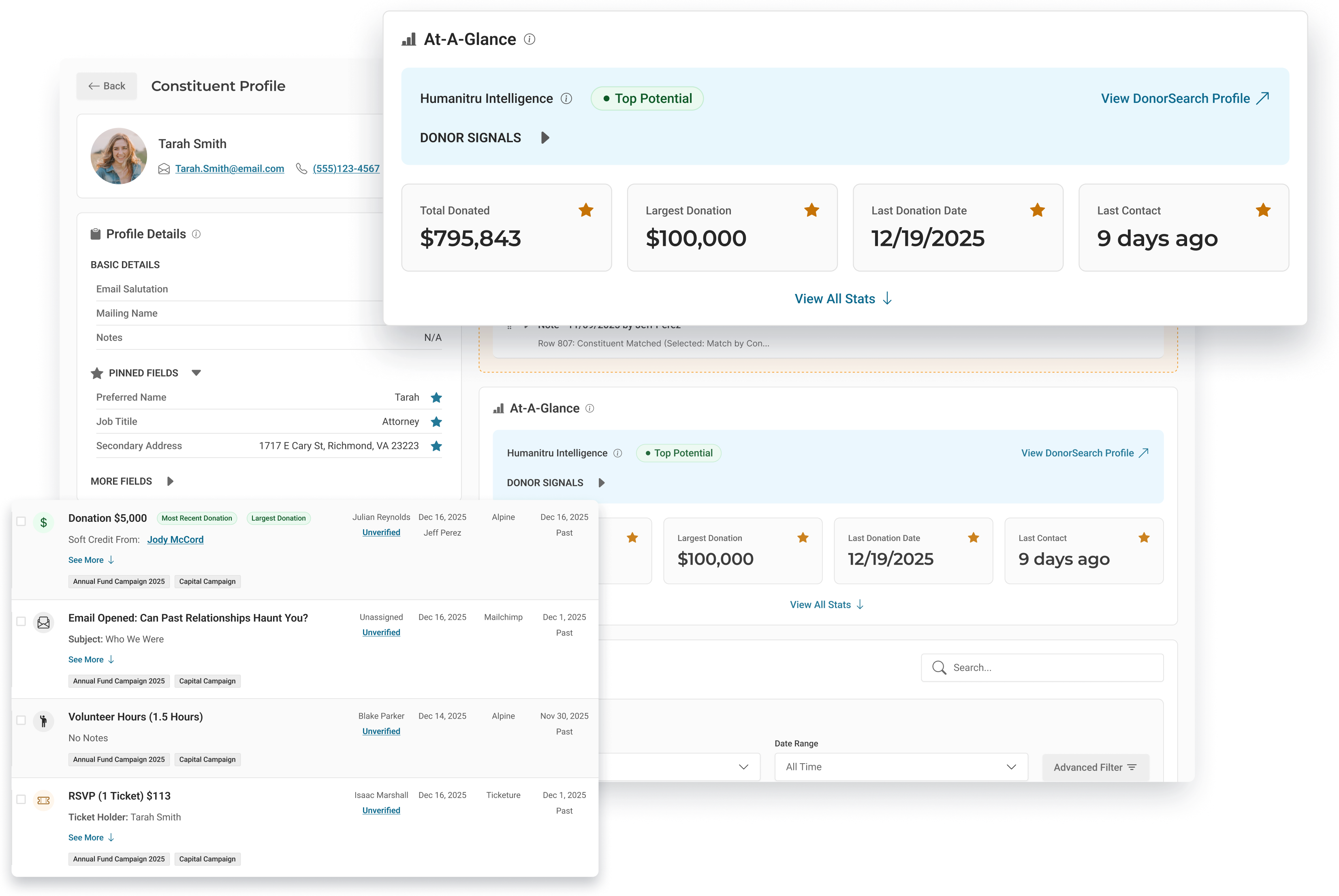 Humanitru constituent profile concept with donor insights and an engagement timeline