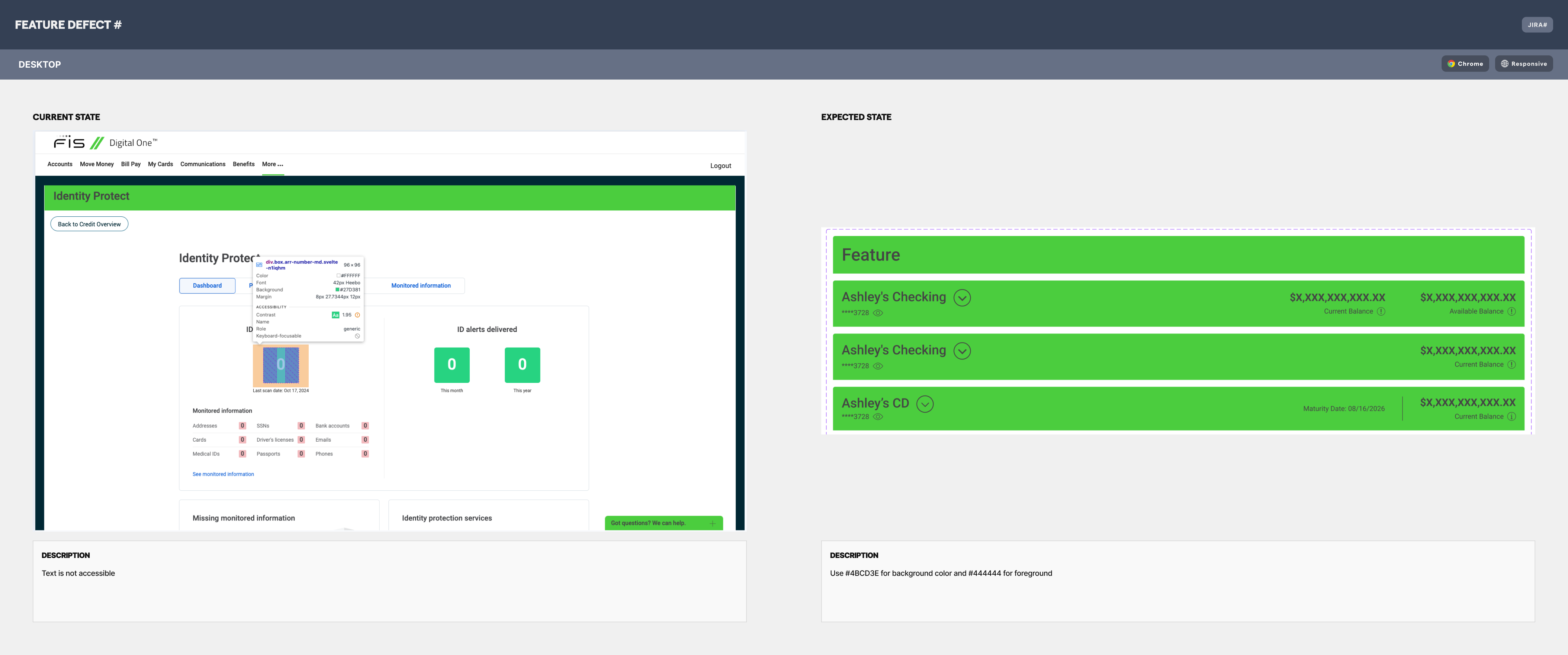 The review flagged inaccessible text and supplied specific background and foreground colors from the platform’s styling guidance.