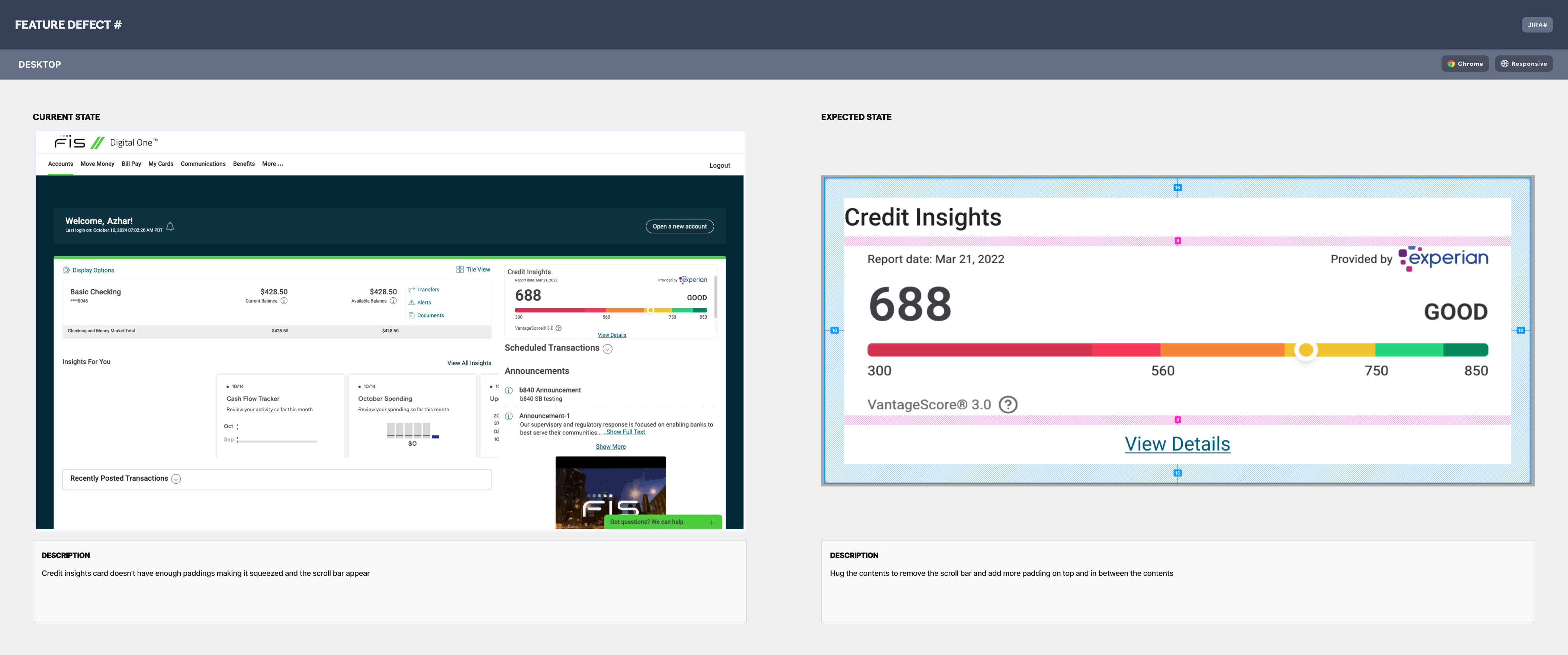 The audit documented a cramped summary card and internal scrollbar, with guidance to let the content determine its height and add padding.