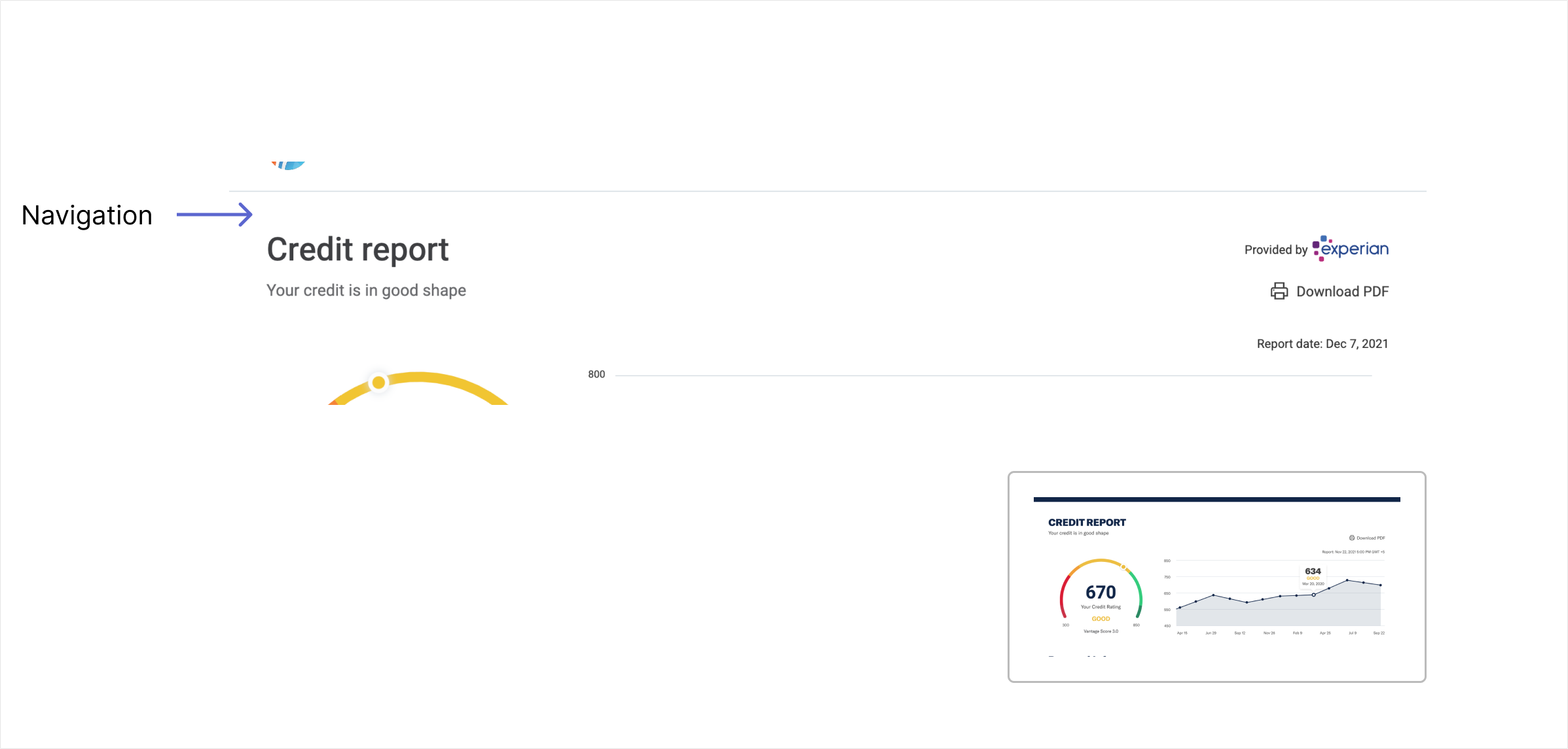 An annotated credit-report header alongside the vendor’s reference screen for comparison.