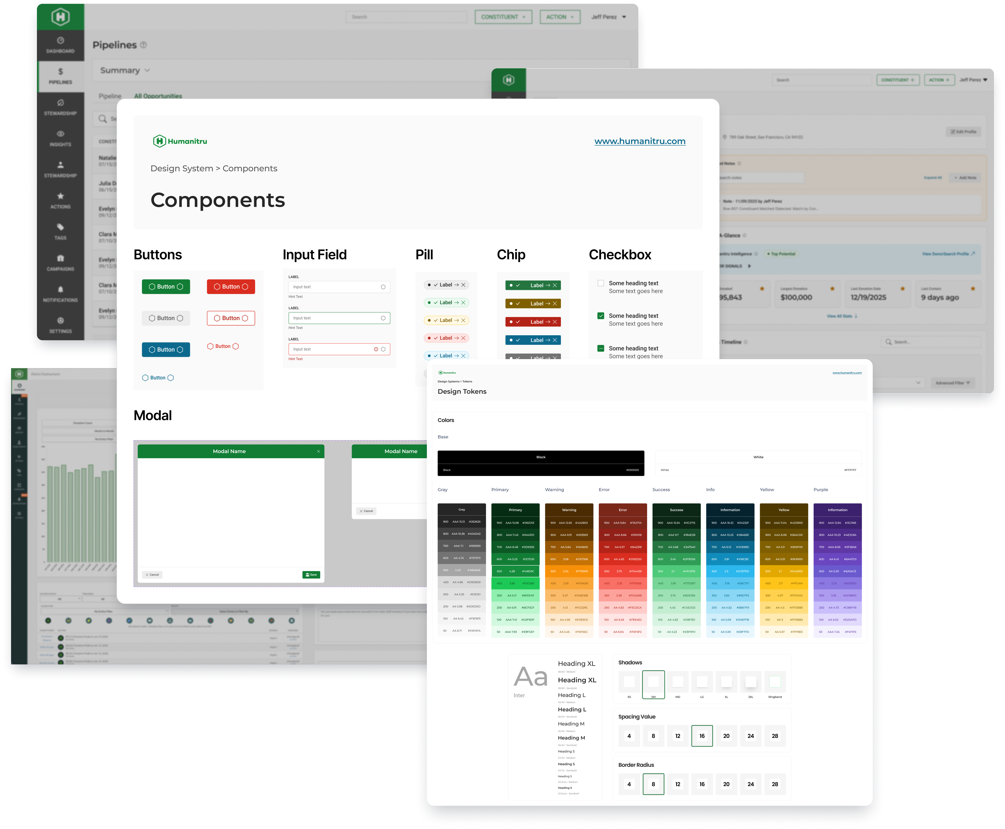 Humanitru design system components and design tokens layered over product screens