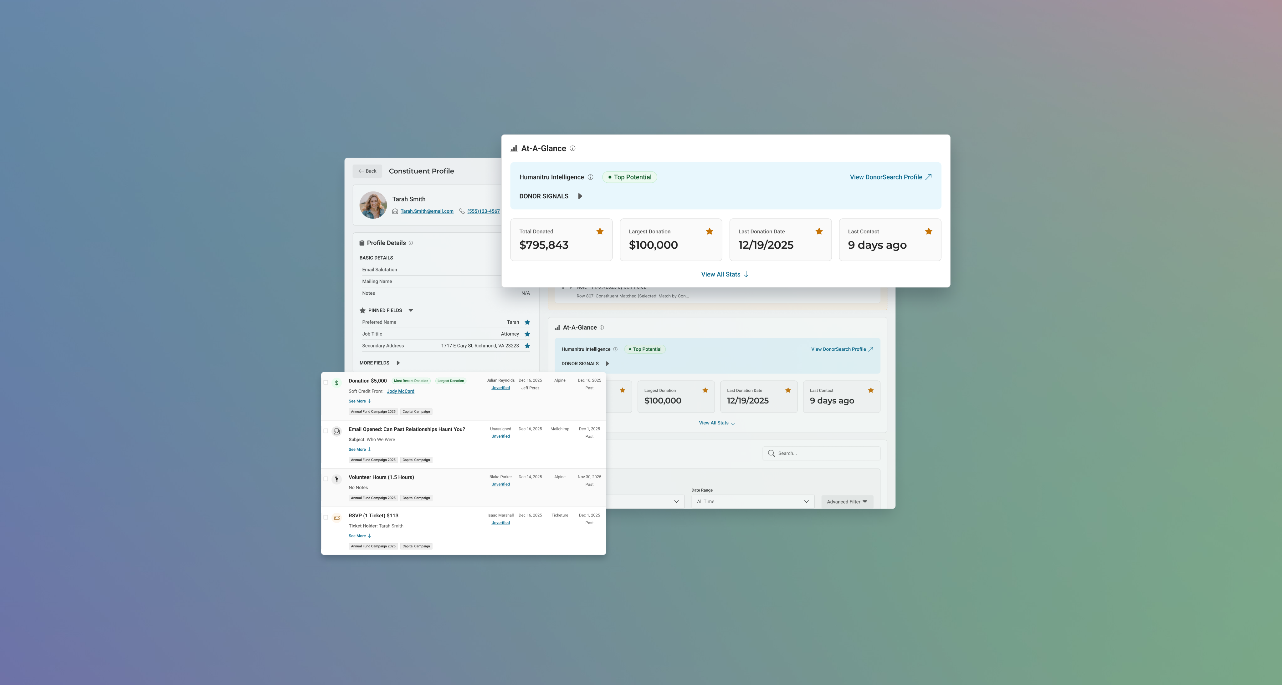 Humanitru constituent profile with donor insights and engagement history